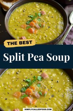 split pea soup with carrots and parsley in two bowls