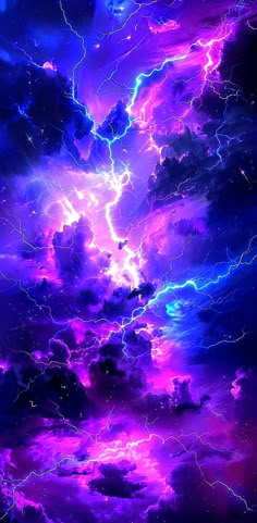 the sky is filled with purple and blue lightnings as if it were in an abstract painting