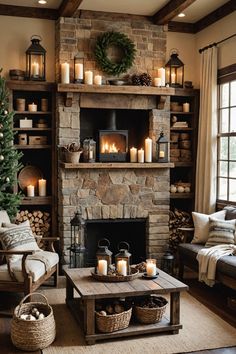 a living room filled with furniture and a fire place in front of a christmas tree