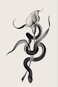 a black and white drawing of a flower with snakes on it's stems,