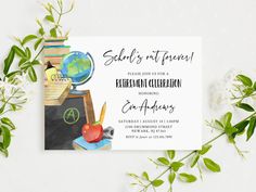 the back side of a graduation party card with an apple and books on it, surrounded by greenery