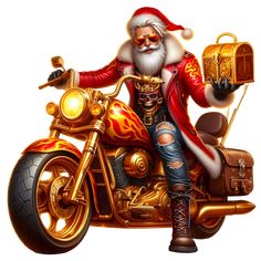 a man dressed as santa claus riding on a motorcycle with a gold box in his hand