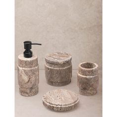 The Tallinn Bath Accessories set adds a sophisticated touch to your bathroom with its aesthetic appealing gray travertine marble design. Handcrafted in India, each piece requires several days of meticulous carving, reflecting the skill and dedication of artisans committed to exceptional quality. This stunning four-piece bath set enriches your bath decor with a refined and understated allure, transforming your bathroom into a personal oasis. Invest in this exquisite bath accessories set and indul Bathroom Sets Bath Accessories, Gray Travertine, Bedroom Picture Frames, Travertine Bathroom, Travertine Colors, Marble Bathroom Accessories, Tooth Brush Holder, Rustic Luxe, Marble Bath