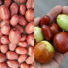 a hand holding some fruit next to an image of grapes and almonds in their hands