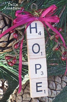 a wooden block with the word hope hanging on a pine cone