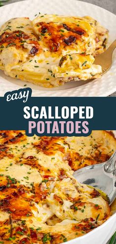 an easy scalloped potato casserole with cheese and herbs in a white dish