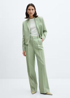 wide leg suit pants - Women | Mango USA Women Wide Leg Pant Suit, Green Suit Women, Womens Office, Linen Blend Pants, Green Suit, Suit Women, How To Hem Pants, Stylish Work Outfits, Suit Style