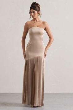 Confidence Champagne Satin Bandeau Pleated Split Maxi Dress – Club L London - USA Strapless Pleated Maxi Dress For Gala, Gala Maxi Dress With Folds, Maxi Length Evening Dress With Folds, Elegant Pleated Satin Gown, Formal Pleated Strapless Evening Dress, Strapless Pleated Evening Dress For Wedding, Cocktail Maxi Dress With Folds, Strapless Pleated Maxi Evening Dress, Satin Pleated Maxi Dress For Gala