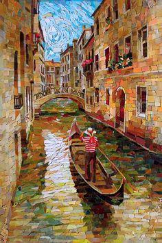 a painting of a man in a boat on a canal