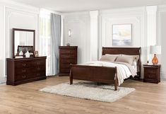 Louis Philippe Dark Cherry 5 Pc. Queen Bedroom Set w/ Chest - Ornate Home Hanging Drawer, White Queen Bed, Hanging Drawers, White Dresser, Bedroom Sets Queen, White Chests, White Mirror, Louis Philippe, White Nightstand