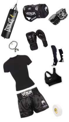 an assortment of boxing gear including gloves, punching mitts and t - shirt on a white background