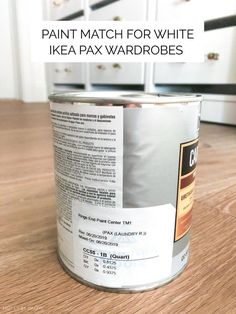 a can of paint with the words paint match for white ikea pax wardrobes