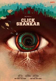 the movie poster for click shankar, with an eye looking into the camera and city in