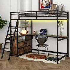 a loft bed with desk underneath it