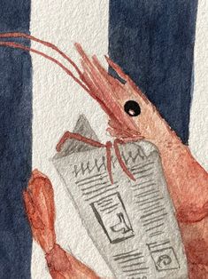 a drawing of a shrimp holding a newspaper