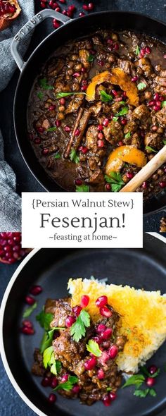 two plates filled with food on top of a blue tablecloth and the words persian walnut stew