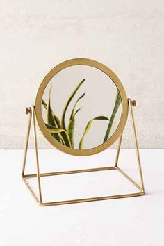 a mirror that is on top of a stand with a plant in the middle of it