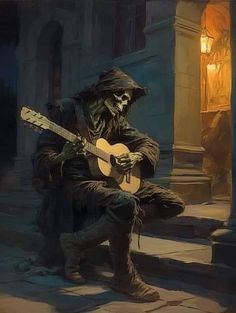 a painting of a skeleton playing the guitar