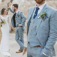 a man in a suit and tie standing next to a woman in a wedding dress