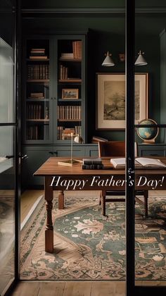 a happy father's day card with a desk and bookshelves