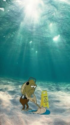 an image of a cartoon character in the ocean with a caution sign and trash can