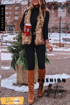 Pockets Sleeveless Faux Fur Vest Cardigans Outfits, Fur Vest Outfits, Winter Warm Outfits, Office Outfits Women Casual, Winter Outfits Cold, Cold Outfits, Office Outfits Women, Business Casual Outfits For Work, Elegante Casual