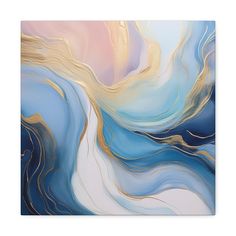 an abstract painting with gold, blue and white colors on it's canvases