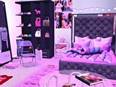 a bedroom with pink and purple decor on the walls, carpeted flooring and furniture