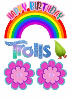 a happy birthday card with flowers and a rainbow