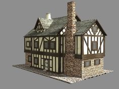 an old style house is shown in this 3d renderings file, it appears to be made out of wood and stone