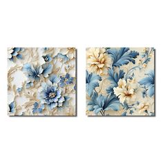 two paintings with blue and white flowers on them