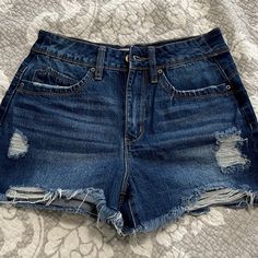 Nwot Blue Jean Shorts Little Distress On Front High Rise Size 5/27 Dark Wash Smoke Free Home Washed Blue High-waisted Jean Shorts, Ripped Dark Wash High-waisted Jean Shorts, High Rise Distressed Washed Blue Shorts, Distressed Denim Blue High-waisted Shorts, High Rise Blue Jeans, Forever 21 High-waisted Blue Jean Shorts, Blue Jean Shorts, Jeans For Short Women, Dark Wash Jeans