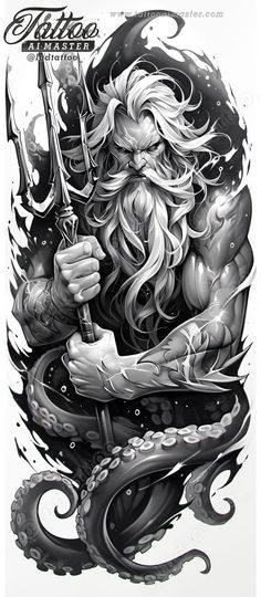 Posiden Fan Art, Black And Grey Drawings, Mythology Sleeve Tattoo, Greek Gods Tattoo, Poseidon Drawing, Poseidon Art, Elemental Art, Greek God Tattoo, Poseidon Tattoo