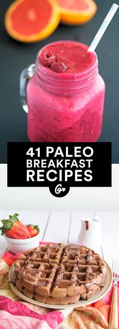 four different pictures with the words, 4 paleo breakfast recipes and fruit on top