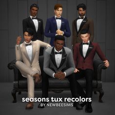 six men in tuxedos are sitting on a couch