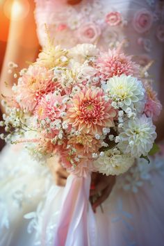 a bride holding a bouquet of pink and white flowers