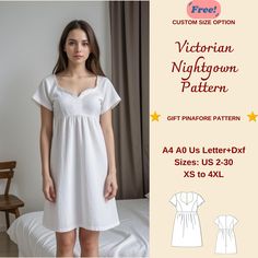 a woman wearing a white nightgown is standing in front of a bed with her hands on her hips