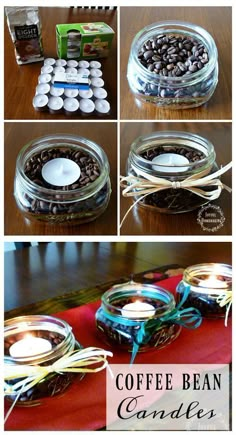 coffee bean candles in glass jars with ribbons