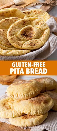 three different types of pita bread stacked on top of each other with the words gluten - free pita bread