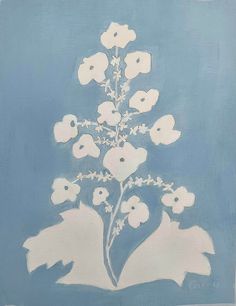 a painting with white flowers on a blue background