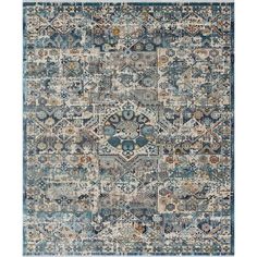 a blue and beige rug with an intricate design