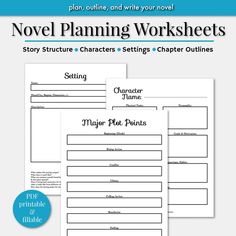 the novel planning worksheets are shown in three different styles and sizes, with text on