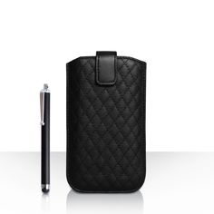 a black cell phone case next to a pen