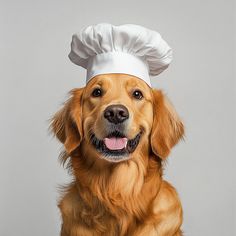 a golden retriever dog wearing a chef's hat