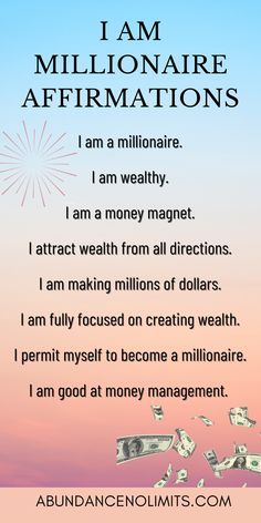 a poster with money falling out of it and the words, i am millionaire affirm