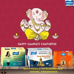 happy ganpati chaturtti with various products on display in front of a red background