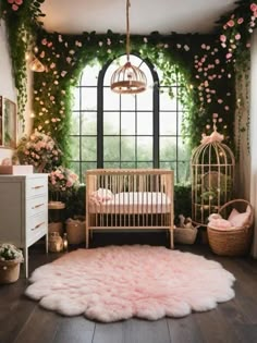 a baby's room decorated with pink flowers and greenery