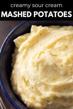 mashed potatoes in a blue bowl with text overlay