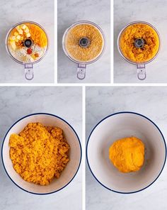 four pictures showing how to make pumpkin pie in a food processor