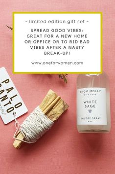 Great for a new home or office or to rid bad vibes after a nasty break-up, this gift set features delicious white sage smudge spray and smudge sticks! Break Up, Bad Vibes, Smudge Sticks